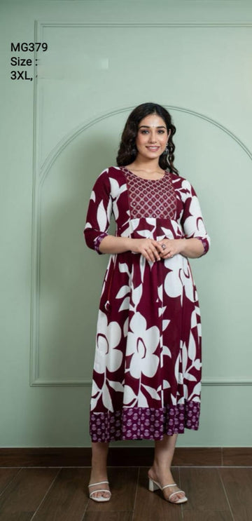 Wine Cotton Mixed Rayon Maxi Gown- MG379