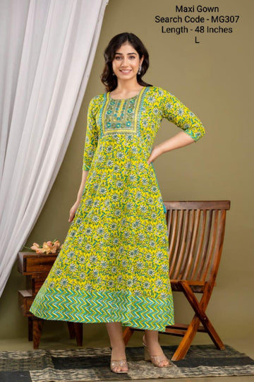 Green Cotton Mixed Rayon Maxi Gown-MG307