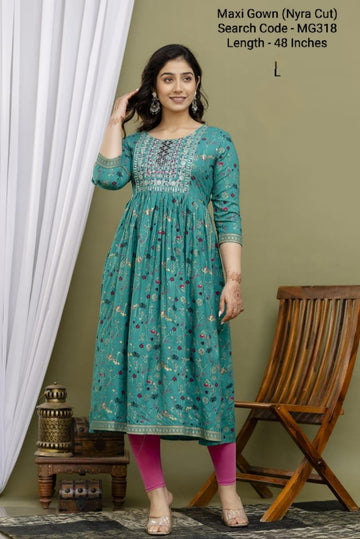 Green Cotton Mixed Rayon Maxi Gown-MG318
