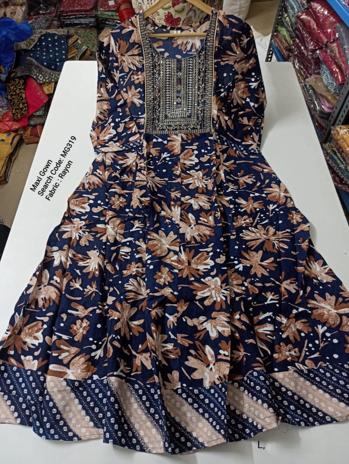 Navy Blue Cotton Mixed Rayon Maxi Gown-MG319