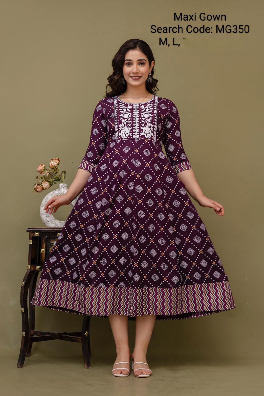 Wine Cotton Mixed Rayon Maxi Gown-MG350