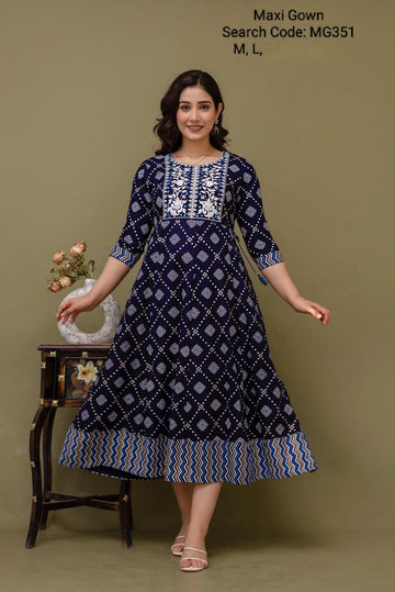 Navy Blue Cotton Mixed Rayon Maxi Gown-MG351