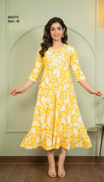 Yellow Cotton Mixed Rayon Maxi Gown-MG373