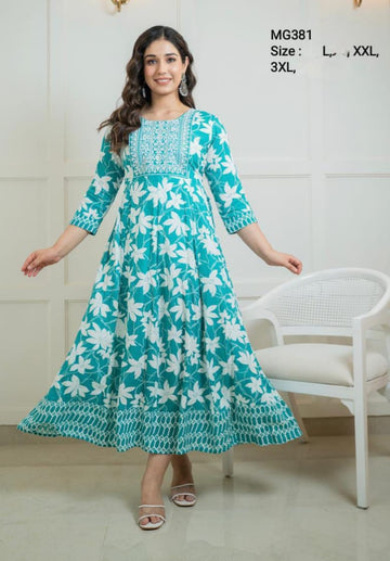 Green Cotton Mixed Rayon Maxi Gown-MG381