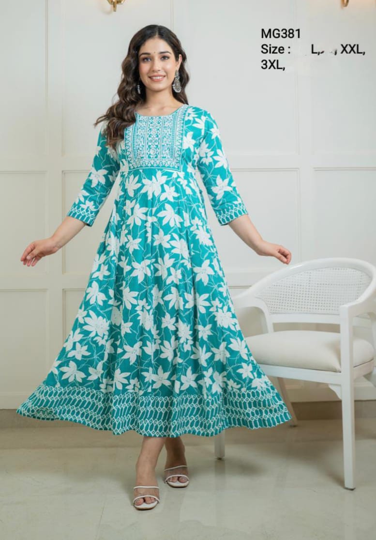 Green Cotton Mixed Rayon Maxi Gown-MG381