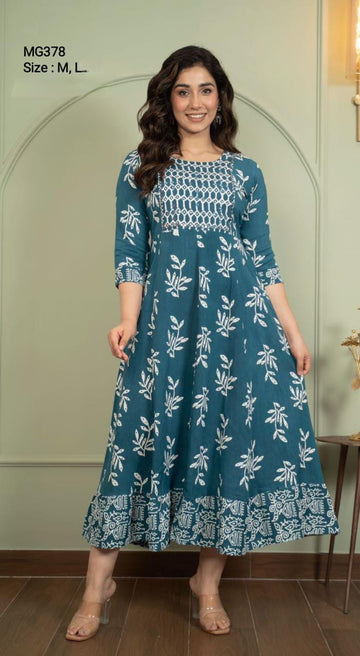 Green Cotton Mixed Rayon Maxi Gown-MG378