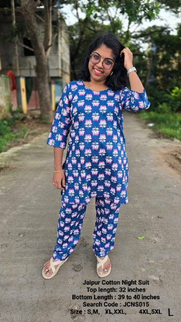 Blue Jaipur Cotton Night Suit Without Lining - JCNS015