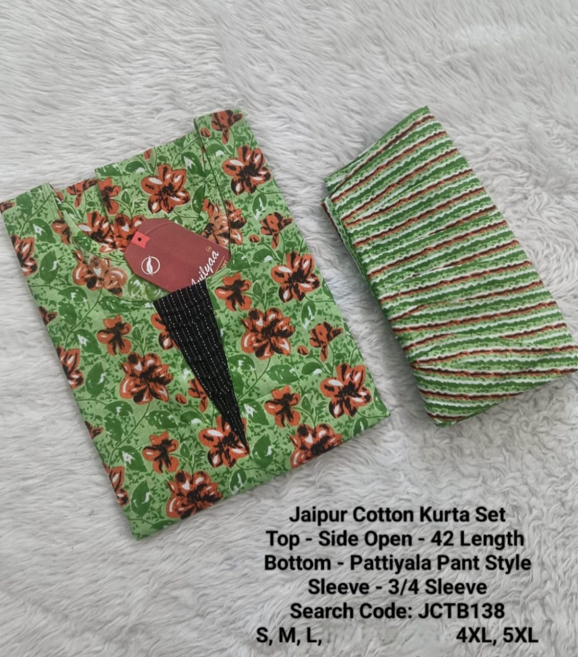 Green Jaipur Cotton Kurta Set Without Lining - JCTB138