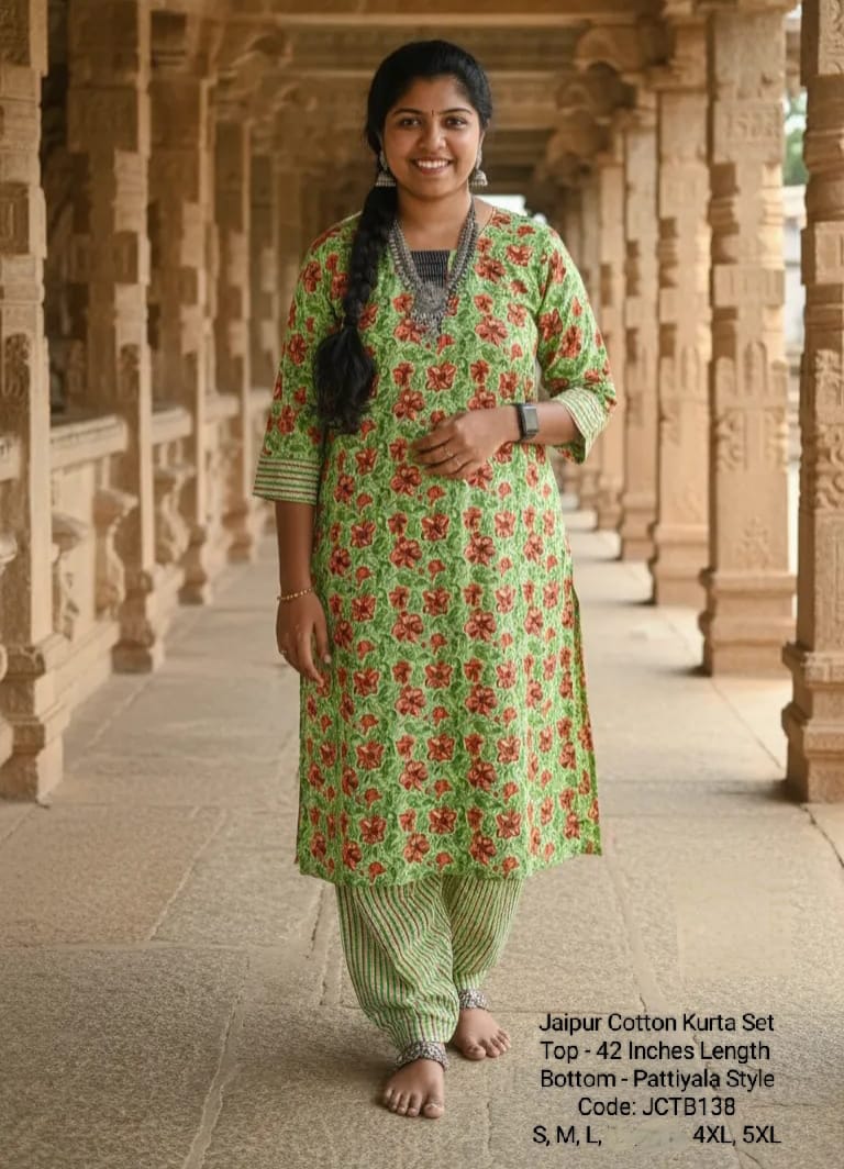 Green Jaipur Cotton Kurta Set Without Lining - JCTB138