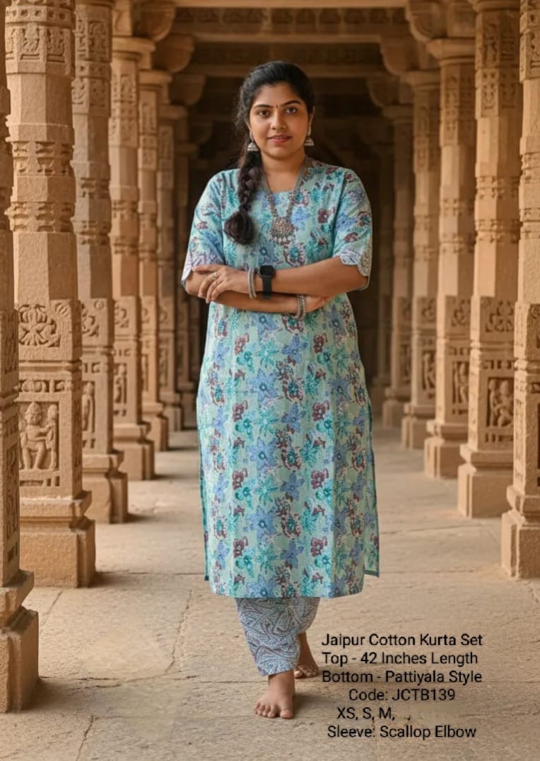 Green Jaipur Cotton Kurta Set Without Lining - JCTB139