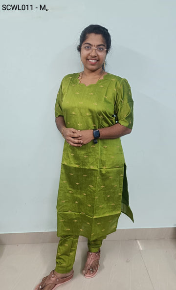 Green  Raw Silk Kurta Set With Lining -SCWL011
