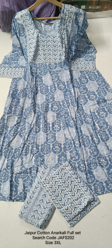 Blue Jaipur Cotton Anarkali Full Set - JAFS202