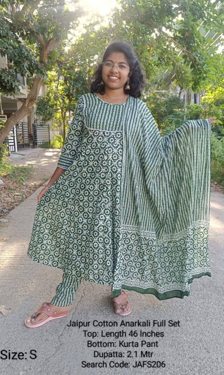 Green Jaipur Cotton Anarkali Full Set - JAFS206
