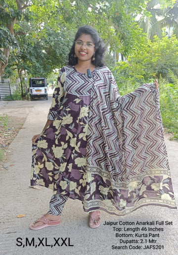 Dark Wine Jaipur Cotton Anarkali Full Set - JAFS201