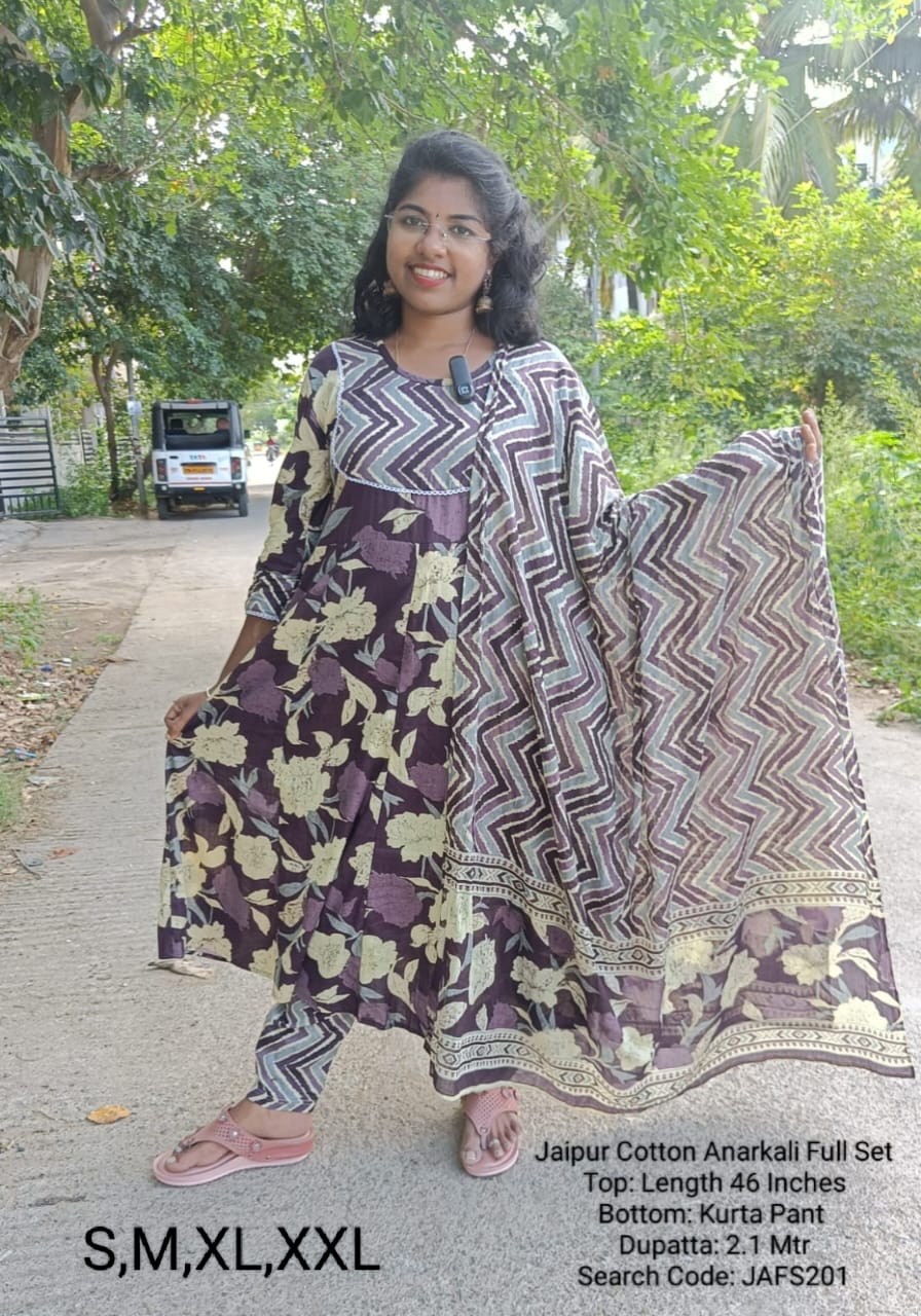 Dark Wine Jaipur Cotton Anarkali Full Set - JAFS201
