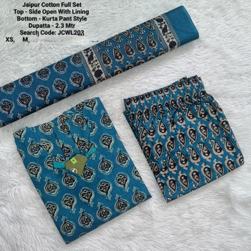 Teal Blue Jaipur Cotton Side Open with Lining Full Set -JCWL203