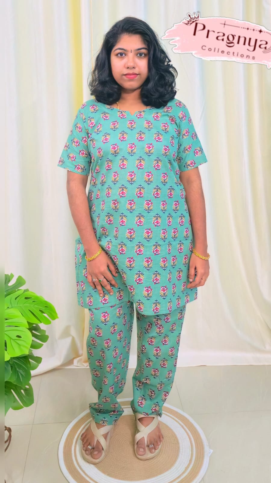 Teal Green Jaipur Cotton Night Suit Without Lining - JCNS025