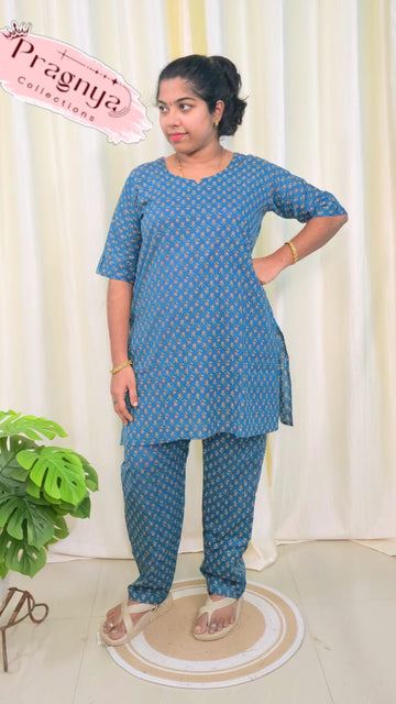 Peacock Blue Jaipur Cotton Night Suit Without Lining - JCNS021