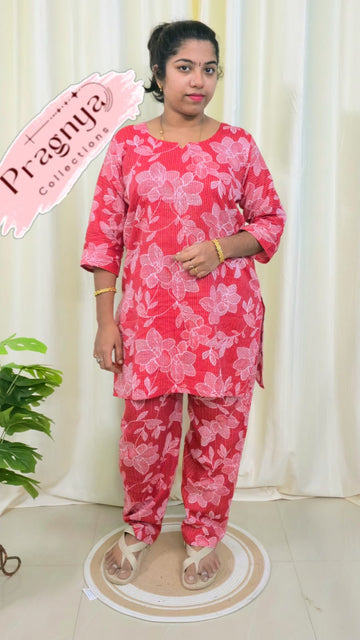 Red Jaipur Cotton Night Suit Without Lining - JCNS024