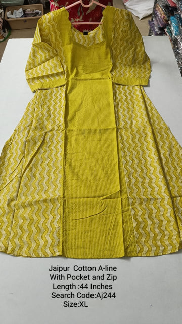 Yellow Jaipur Cotton A-Line Kurtis - AJ244