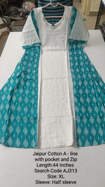 Green Jaipur Cotton A-Line Kurtis - AJ313