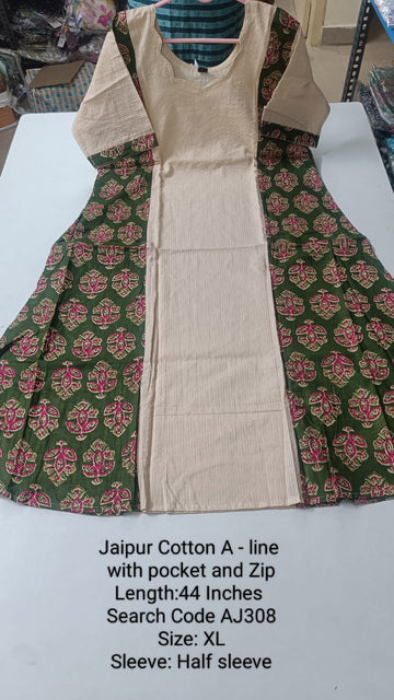 Green Jaipur Cotton A-Line Kurtis - AJ308