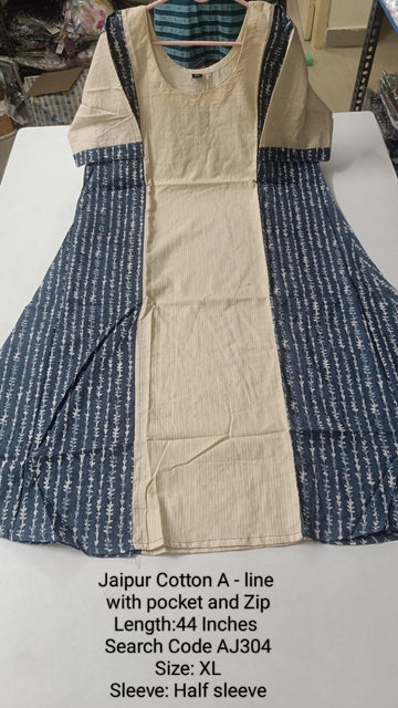 Navy Blue Jaipur Cotton A-Line Kurtis - AJ304