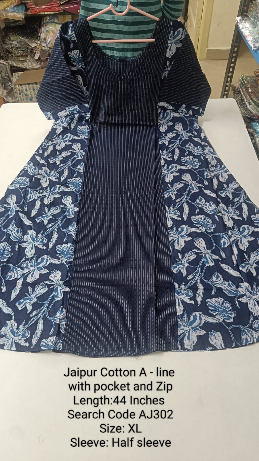 Navy Blue Jaipur Cotton A-Line Kurtis - AJ302