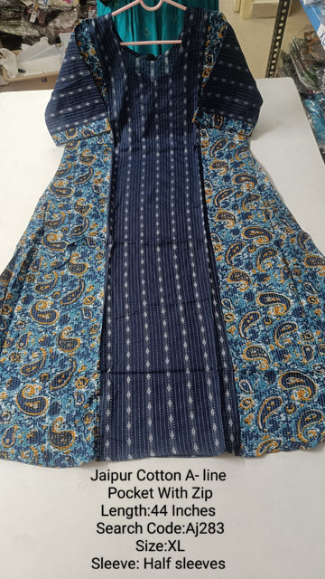 Navy Blue Jaipur Cotton A-Line Kurtis - AJ283