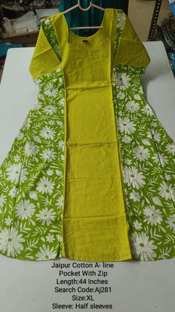 Green Jaipur Cotton A-Line Kurtis - AJ281
