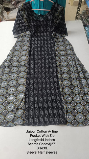 Black Jaipur Cotton A-Line Kurtis - AJ271