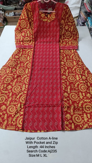 Red Jaipur Cotton A-Line Kurtis - AJ235