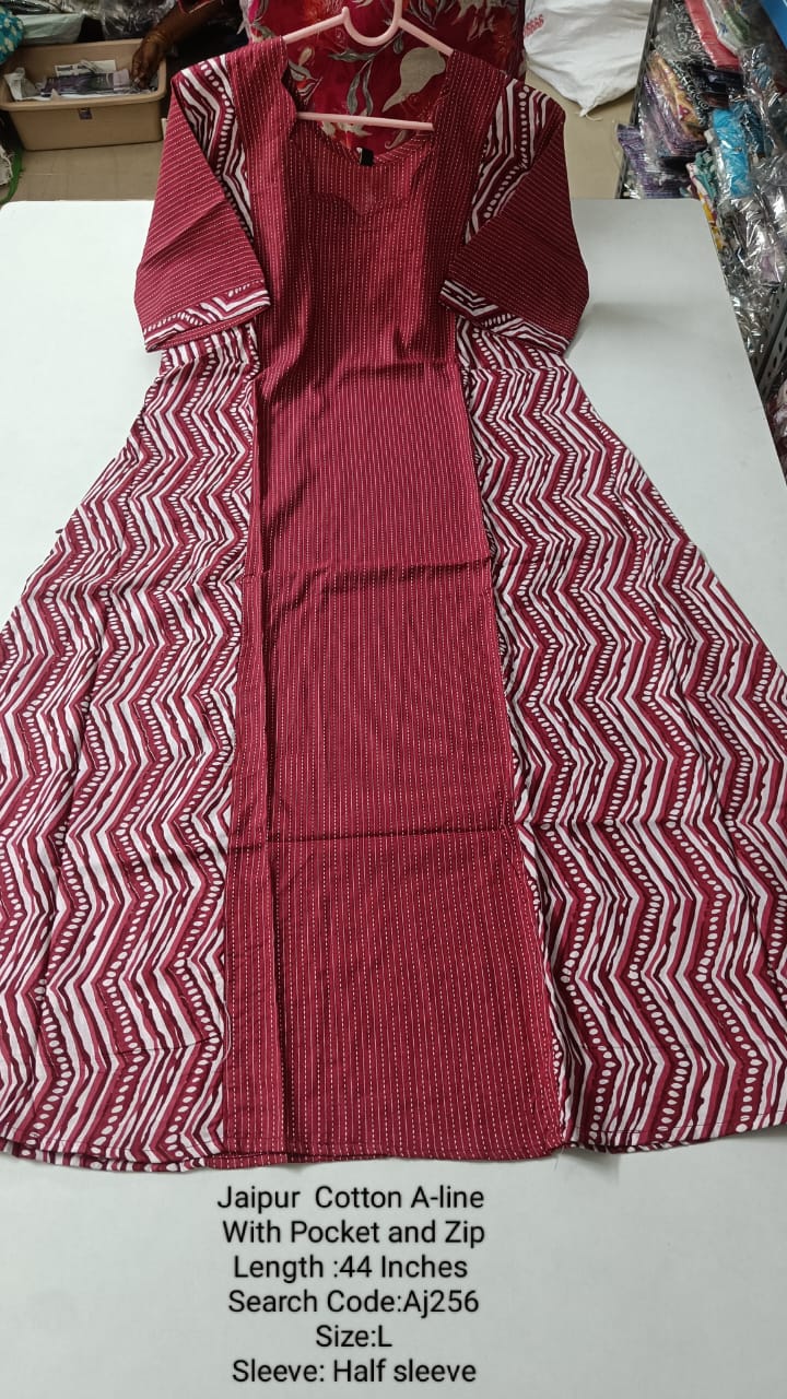 Red Jaipur Cotton A-Line Kurtis - AJ256