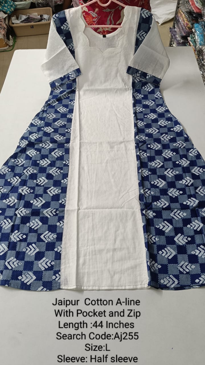 White Jaipur Cotton A-Line Kurtis - AJ255