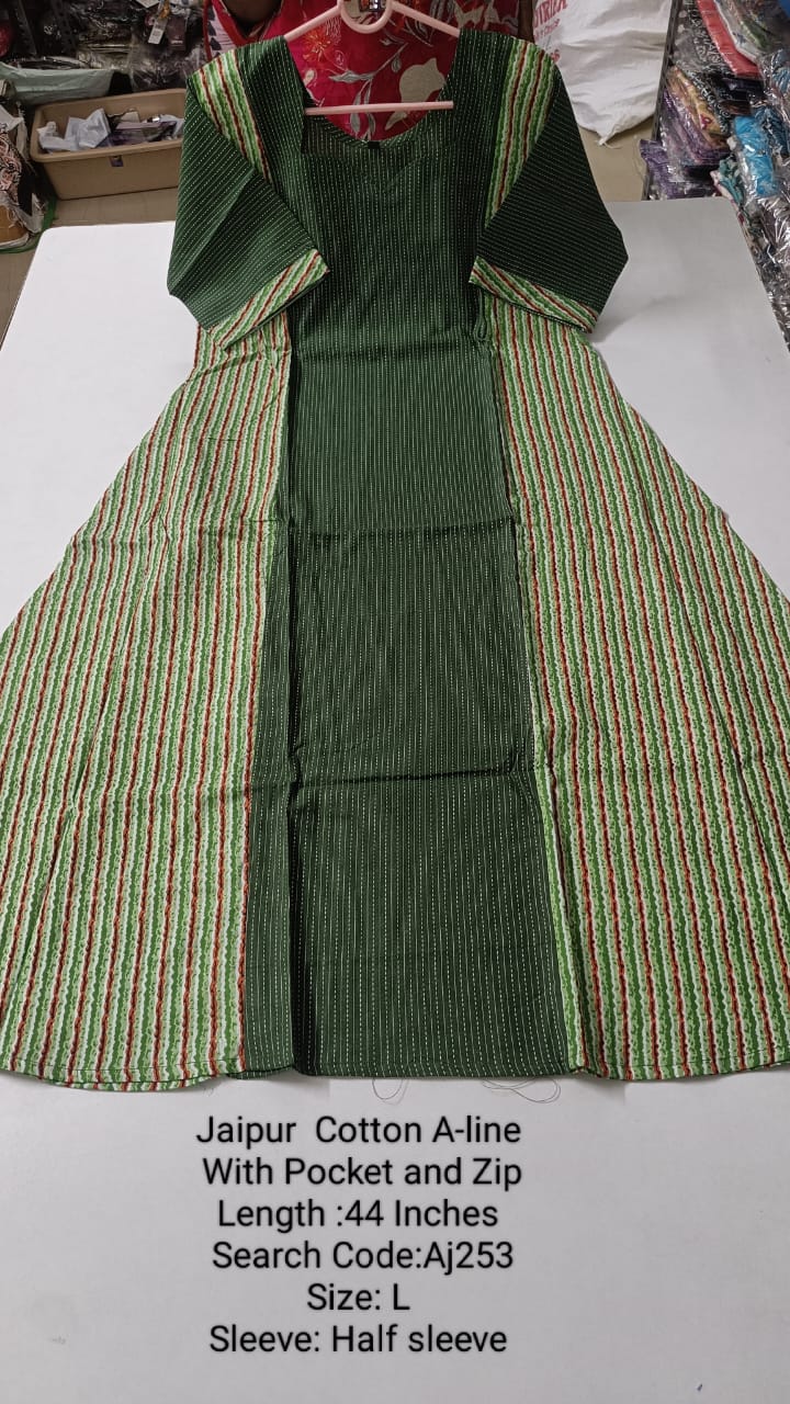 Green Jaipur Cotton A-Line Kurtis - AJ253