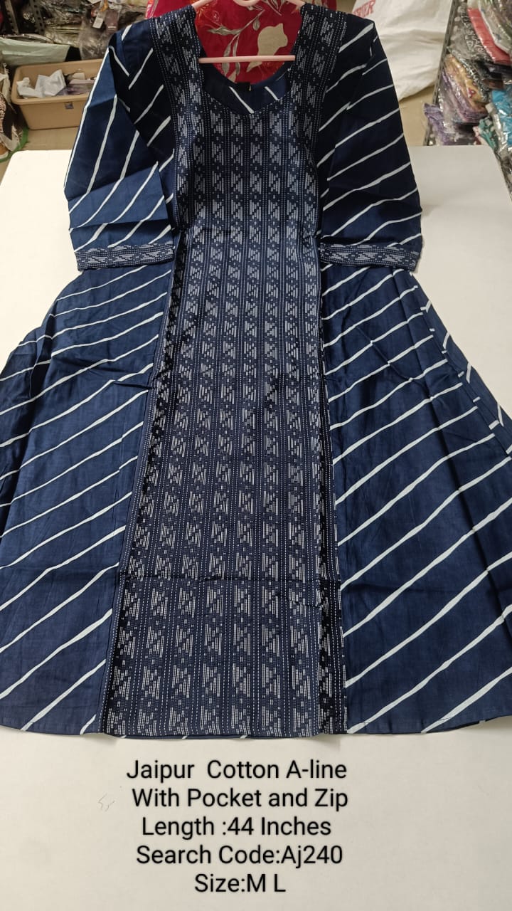 Navy Blue Jaipur Cotton A-Line Kurtis - AJ240