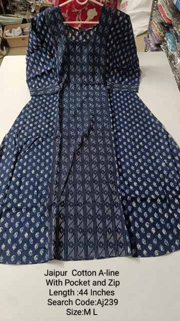 Navy Blue Jaipur Cotton A-Line Kurtis - AJ239