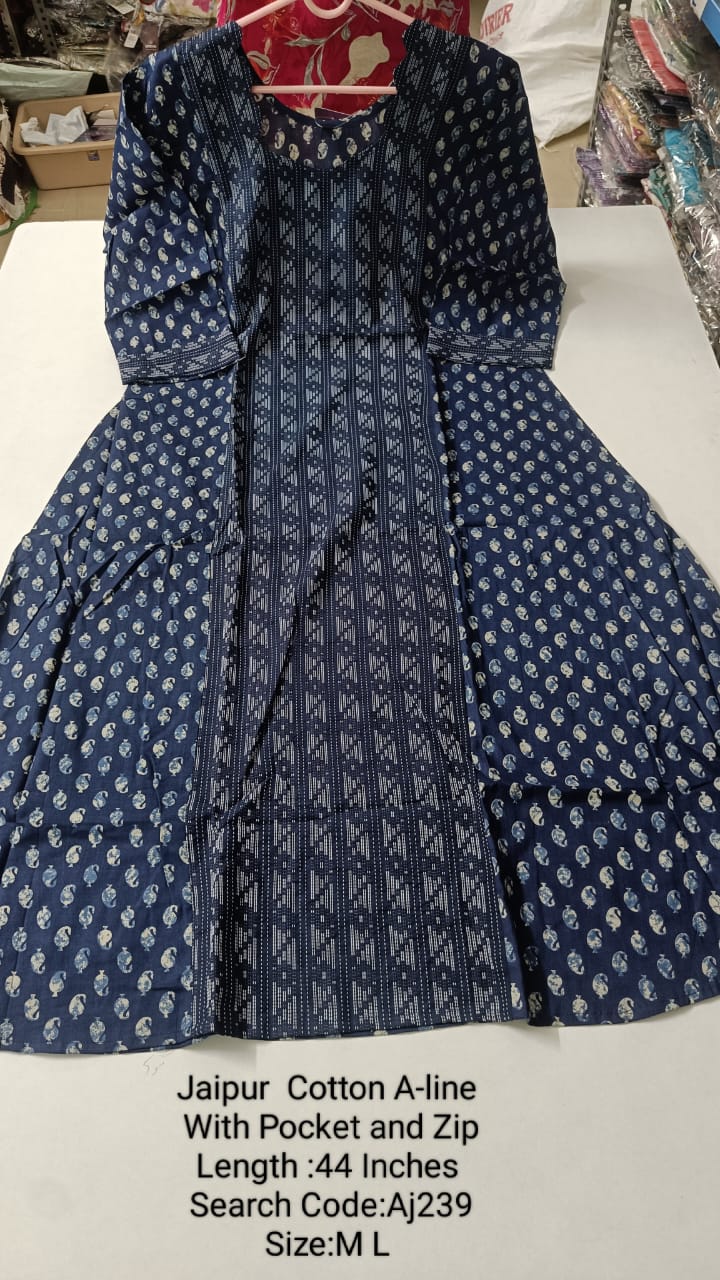 Navy Blue Jaipur Cotton A-Line Kurtis - AJ239