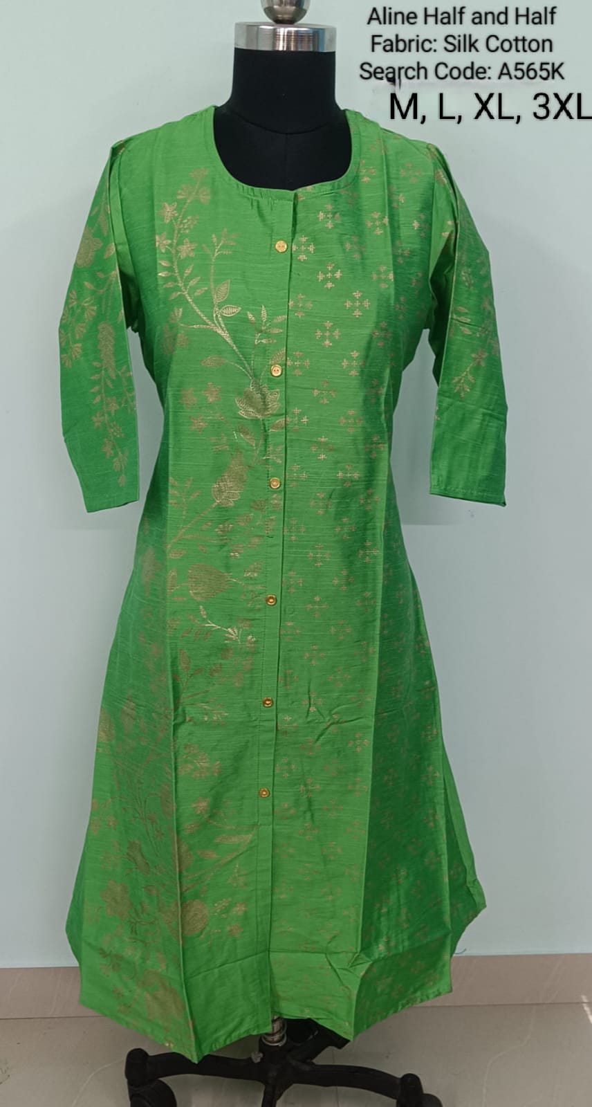 Green Silk Cotton A-Line Kurtis -A565K