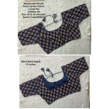 Navy Blue  Hand block Cotton 3 Dart Ready Made Blouse -RMB808