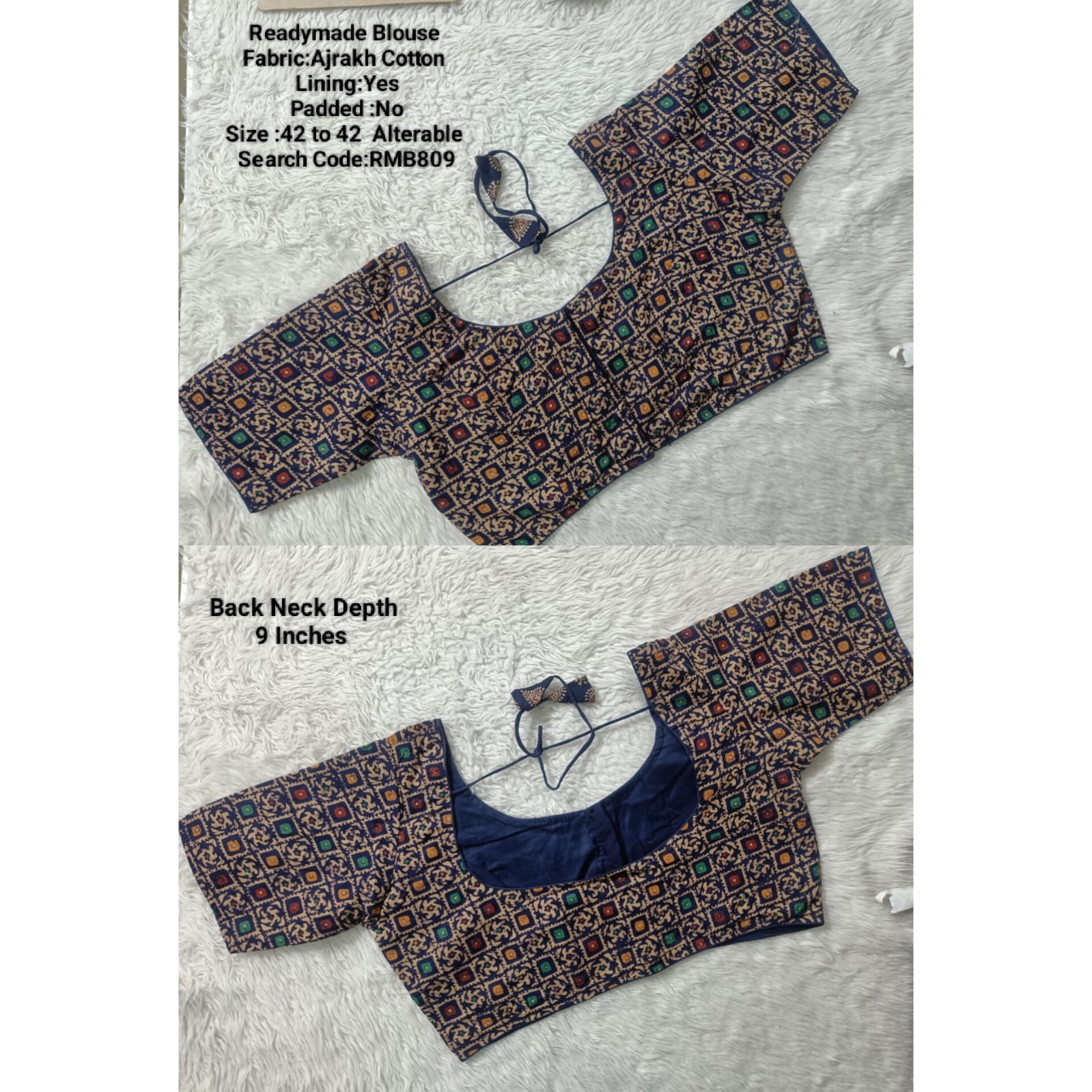 Navy Blue  Hand block  3 Dart Ready Made  Blouse -RMB809
