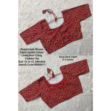 Red  Hand block Cotton 3 Dart Ready Made  Blouse -RMB8011