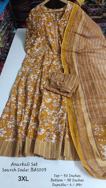 Mustard Yellow Cotton Anarkali Full Set - BAS003