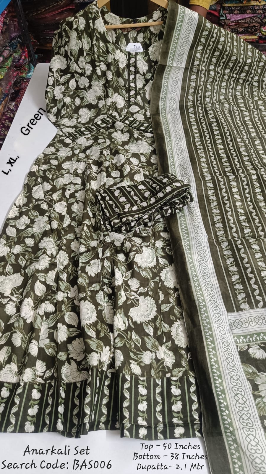 Mehandi Green Cotton Anarkali Full Set - BAS006