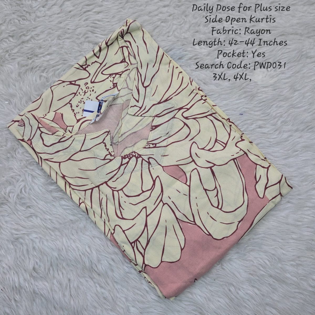 Light Pink Rayon Plus Size Daily wear Budget Side Open  Kurtis - PWD031