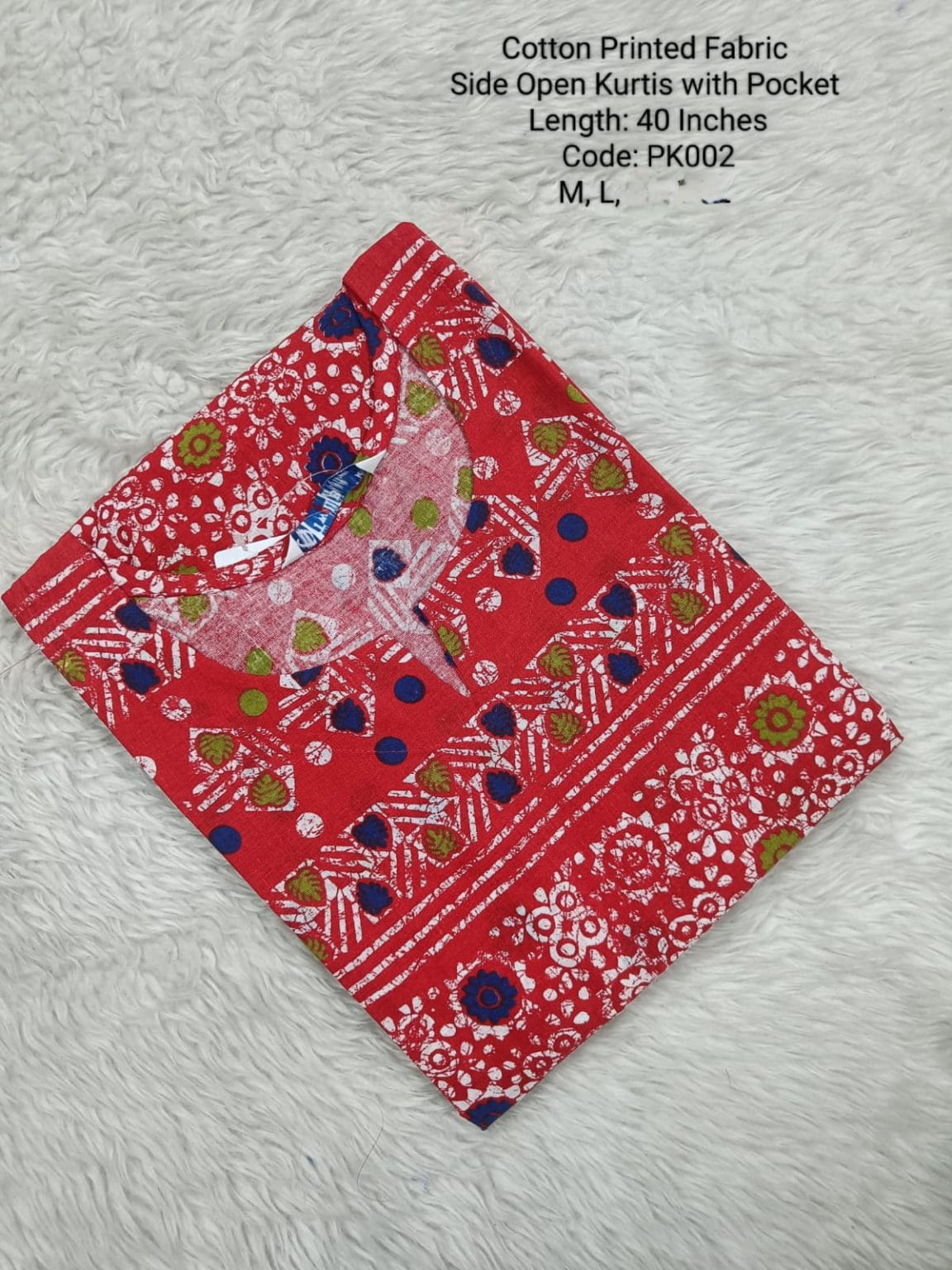 Red Cotton Printed  Side Open  Kurtis - PK002