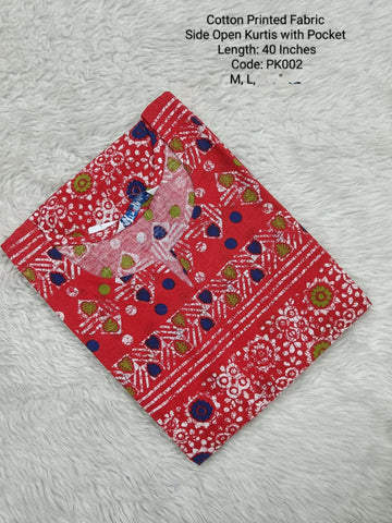 Red Cotton Printed  Side Open  Kurtis - PK002