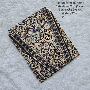 Black Cotton Printed  Side Open  Kurtis - PK063