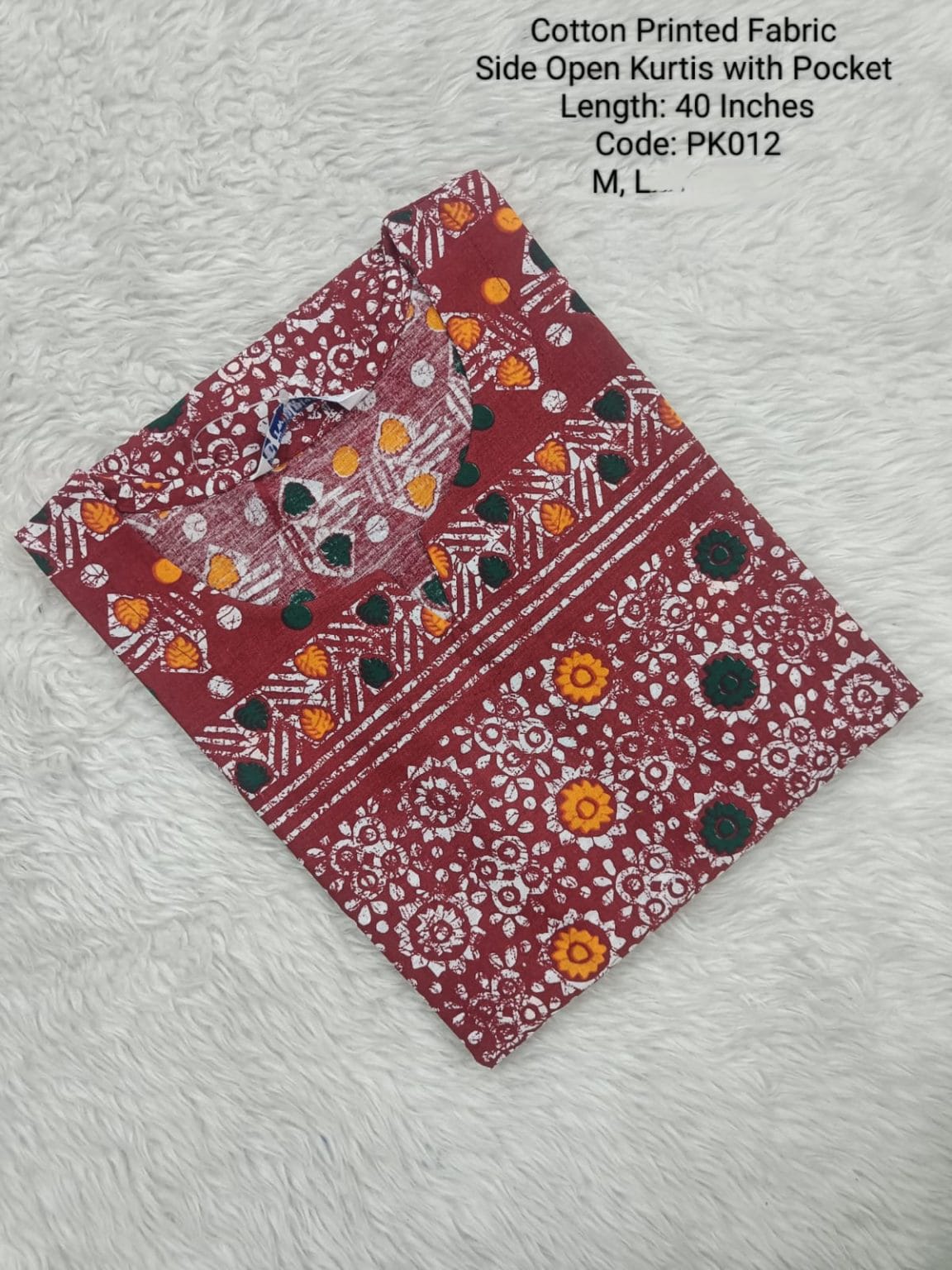 Maroon Cotton Printed  Side Open  Kurtis - PK012