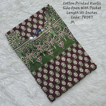 Wine Cotton Printed  Side Open  Kurtis - PK057
